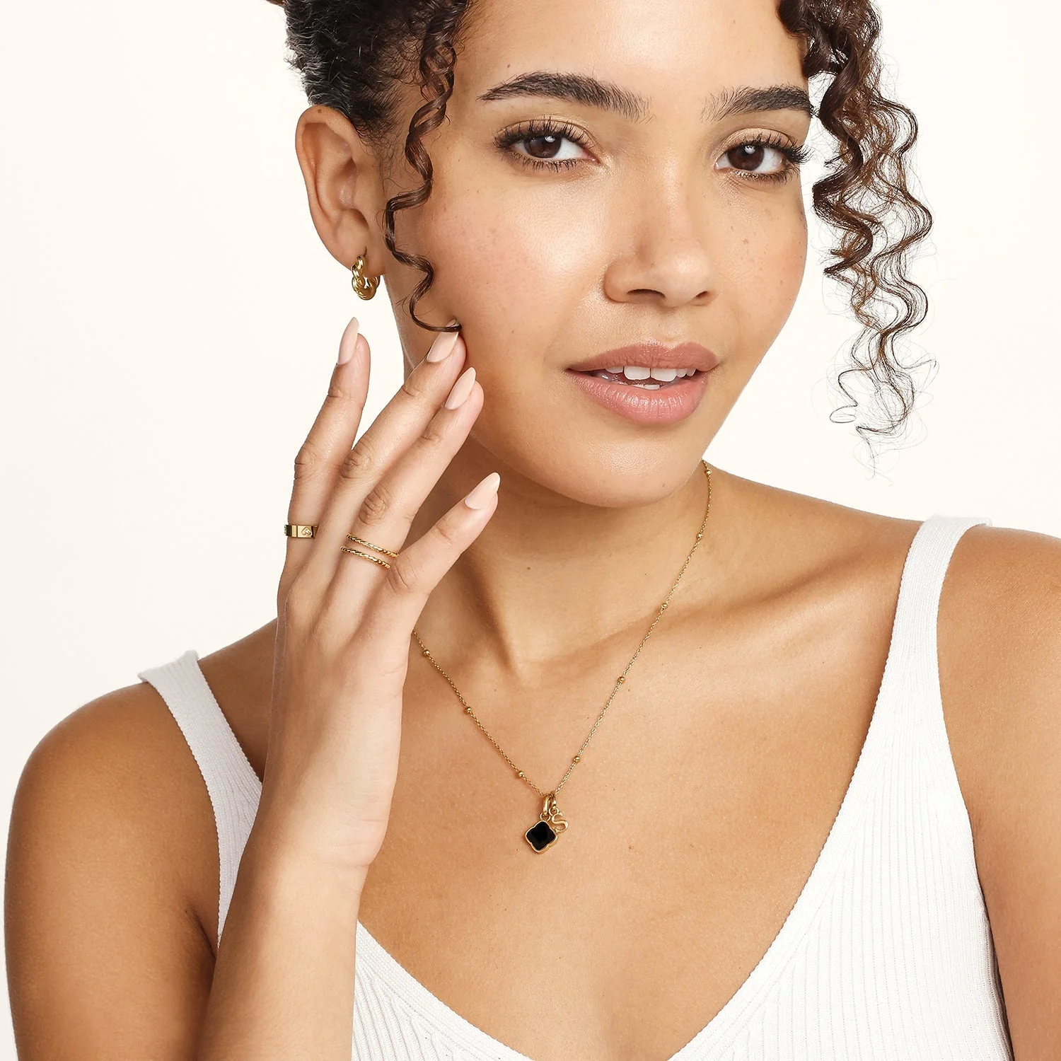 Black Enamel Clover & Initial Necklace (Gold) - Image 3