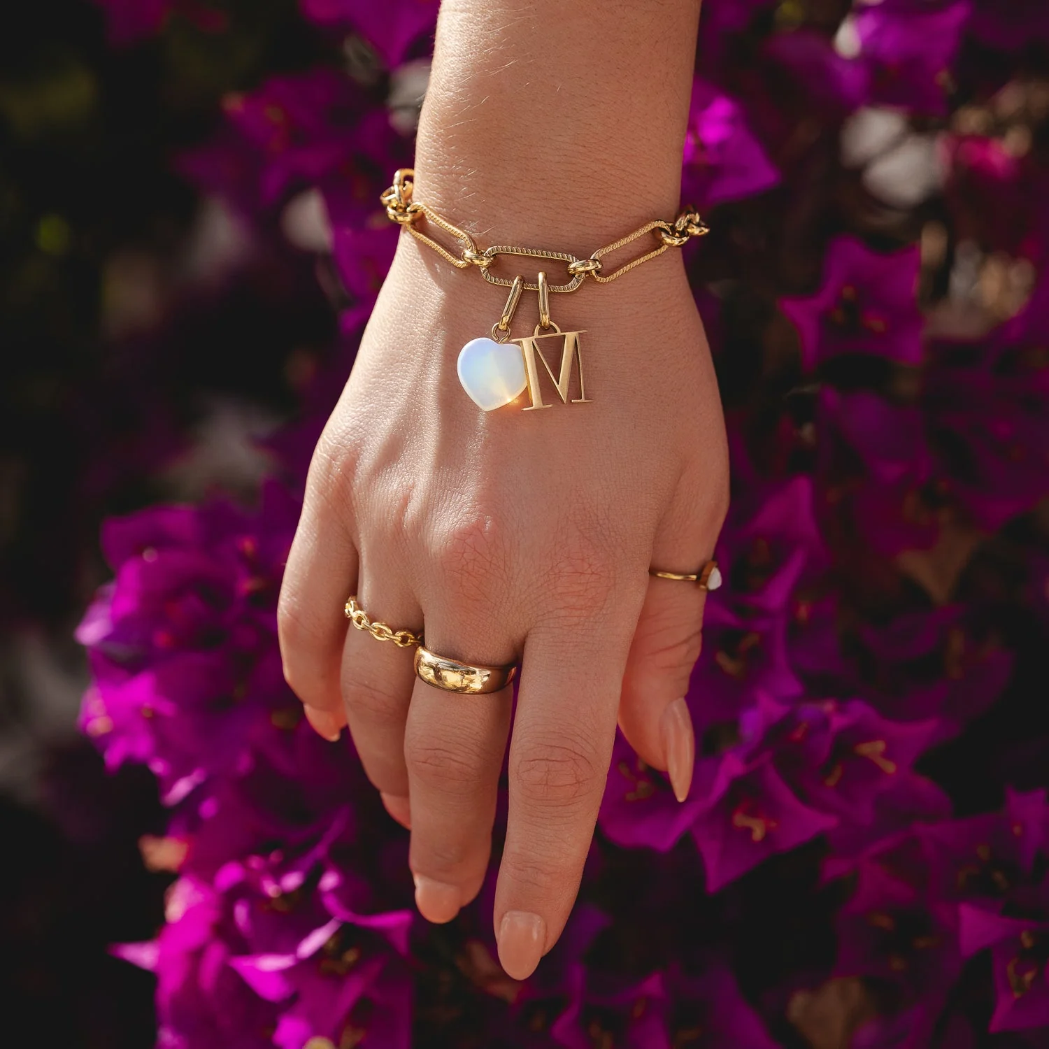 Letter & Birthstone Figaro Chain Bracelet (Gold) - Image 5