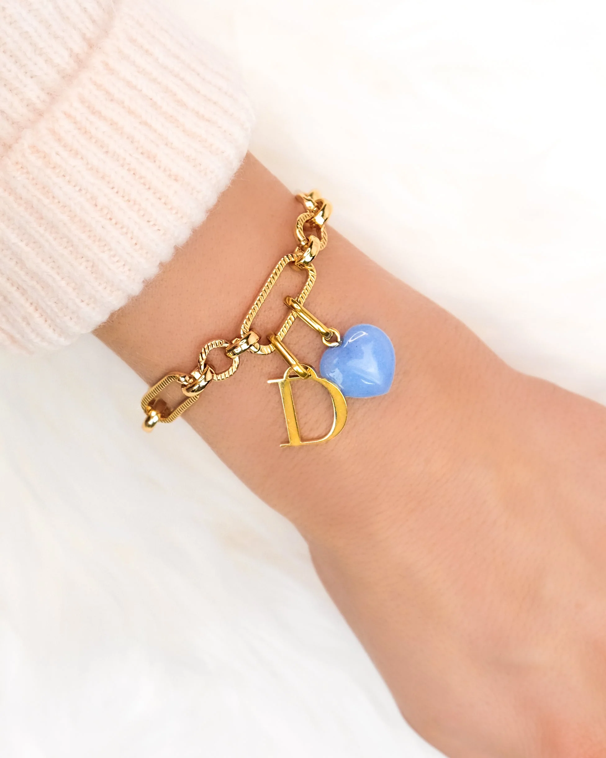 Letter & Birthstone Figaro Chain Bracelet (Gold) - Image 7